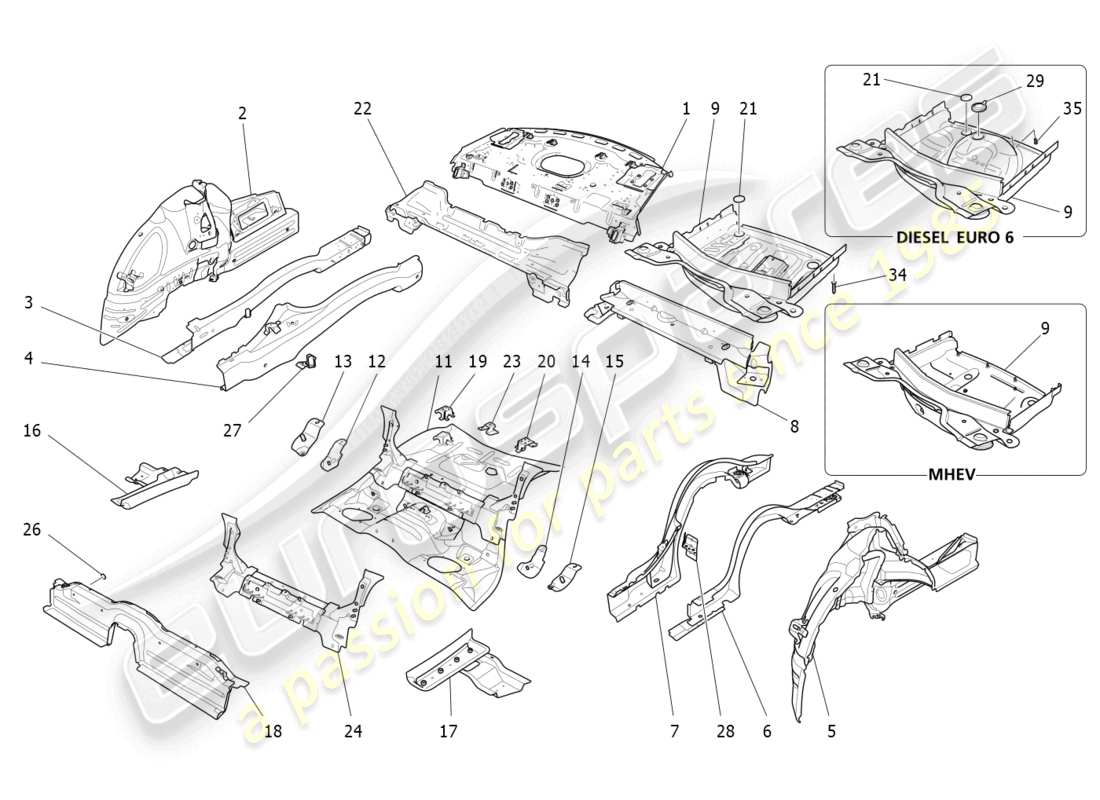 maserati ghibli (2018) rear structural frames and sheet panels part diagram