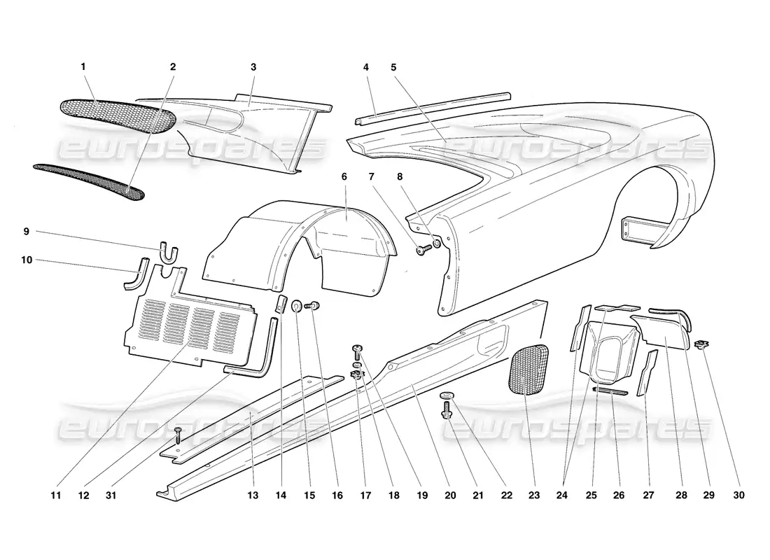 lamborghini diablo sv (1998) body elements - left flank parts diagram