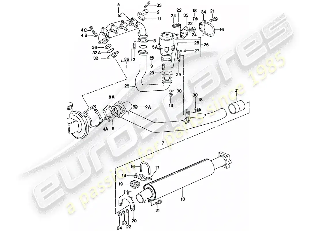 porsche 1980 (924) exhaust system - exhaust silencer, front parts diagram