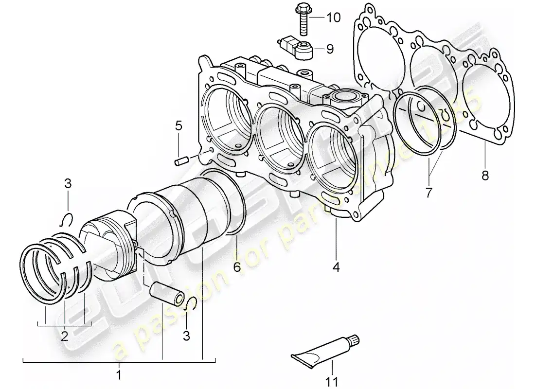 porsche 2009 997-2 turbo / gt2 cylinder with pistons parts diagram
