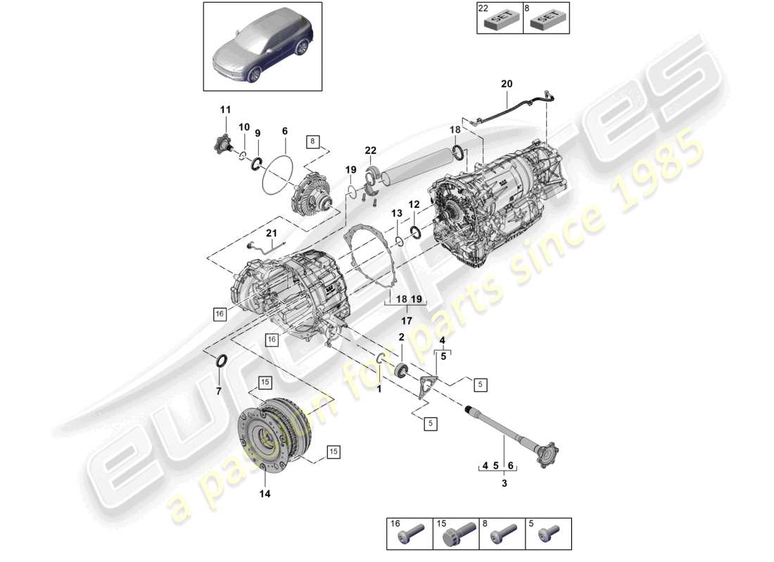 porsche 2021 (cayenne e3 9ya/9yb) 8-speed automatic gearbox for four-wheel drive flanged shaft converter part diagram
