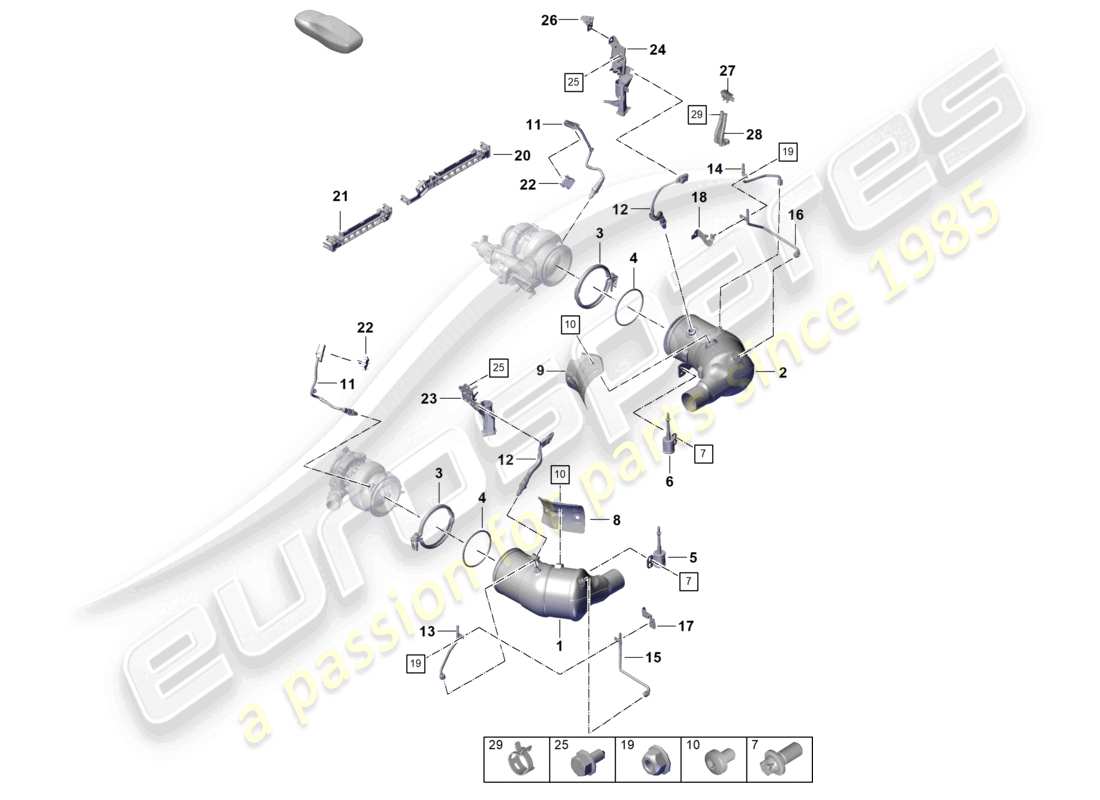 porsche 2021 (992-1 turbo / s) catalytic converter petrol particulate filter fastenings and sensors part diagram