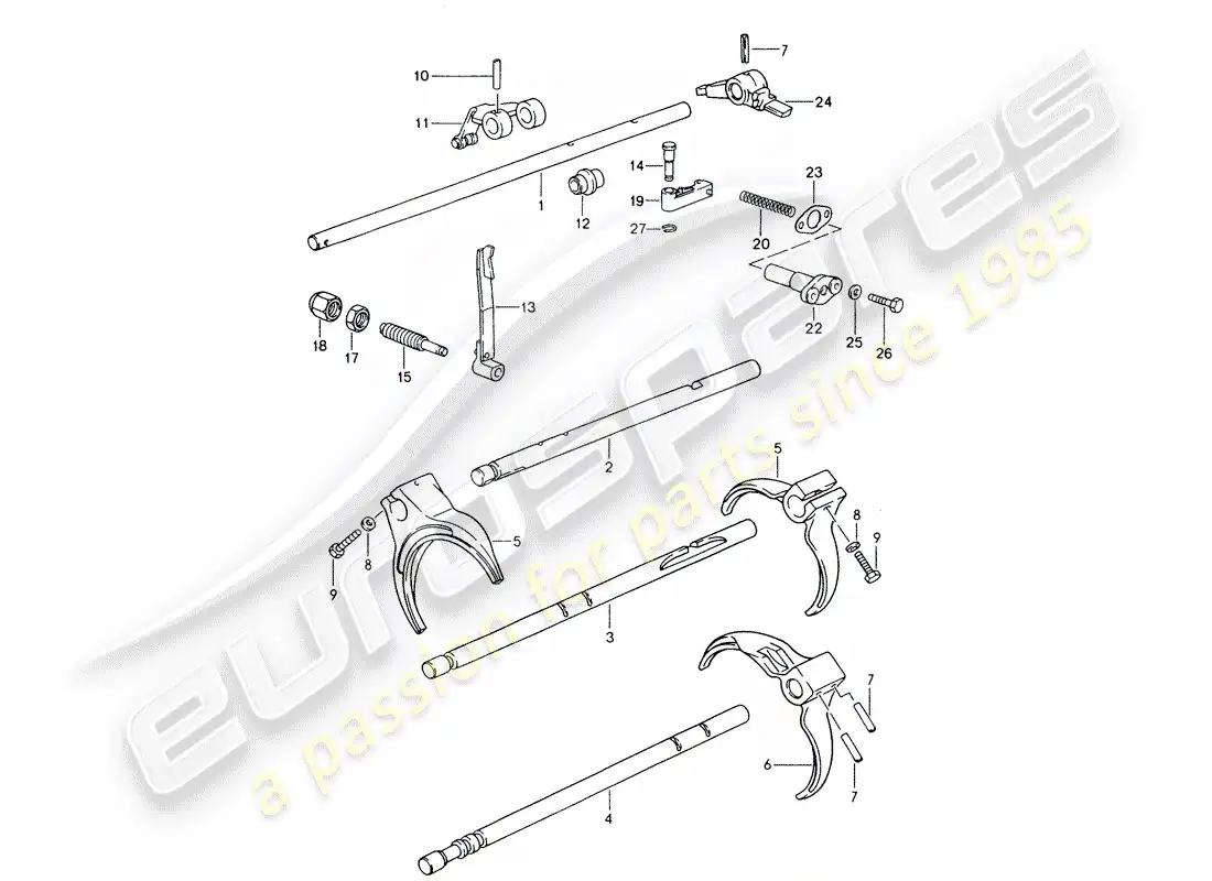 porsche 1993 (928) manual gearbox - shift rods - shift forks parts diagram