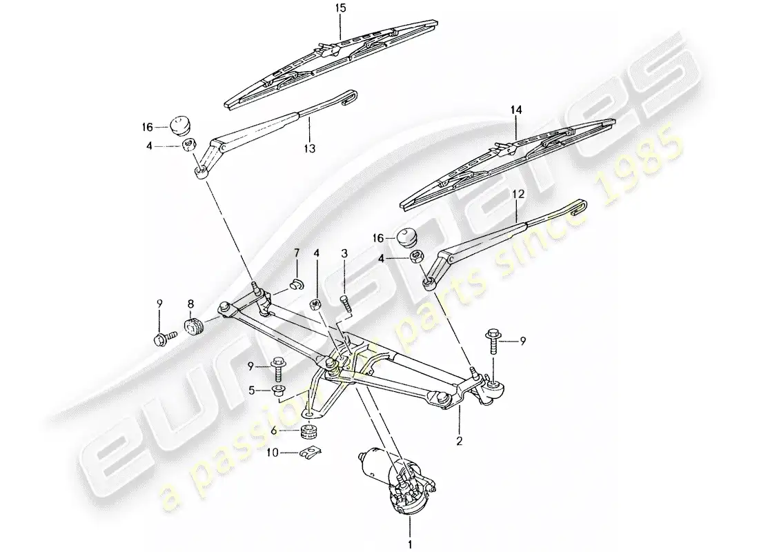 porsche 2002 (996 gt3) windscreen wiper system parts diagram