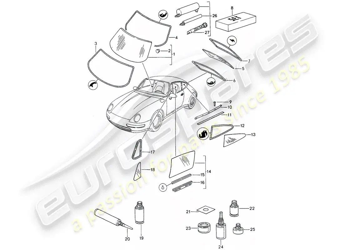 porsche 1998 (993) window glazing parts diagram