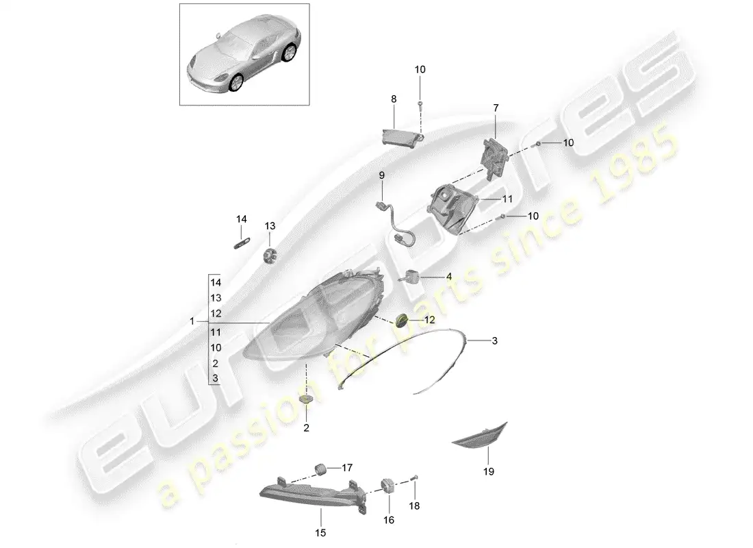 porsche 2017 (718 cayman) headlamp parts diagram