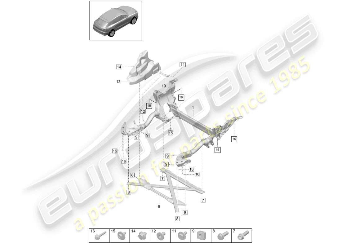 porsche 2021 (macan) support frame cross member guard plate parts diagram