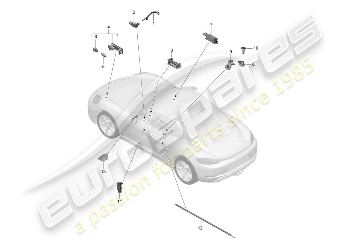 porsche 2024 (718 cayman) interior lighting door warning light footwell light luggage compartment lamp glove box light light exterior mirror part diagram