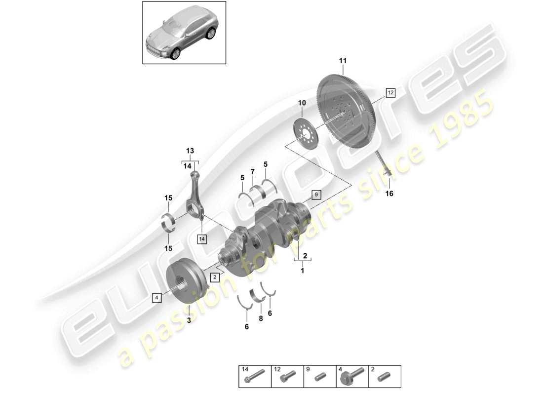 porsche 2021 (macan) crankshaft conrod dual-mass flywheel parts diagram