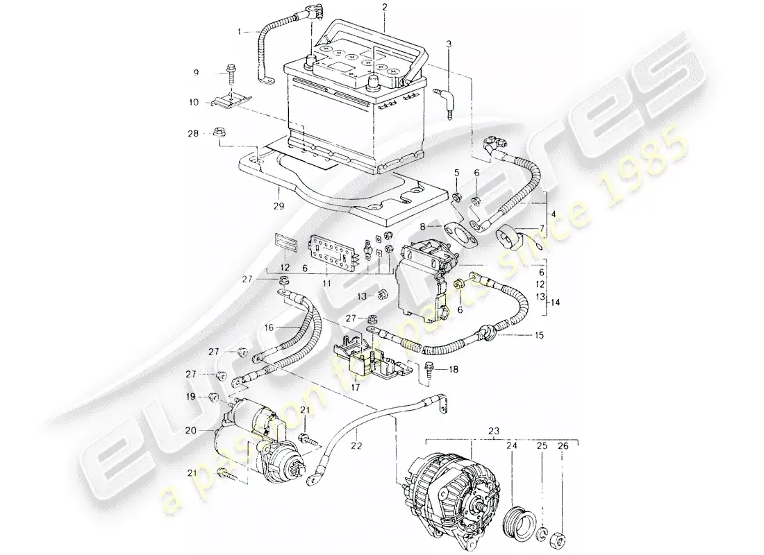 porsche 2001 (986 boxster) battery - central extraction - starter - alternator parts diagram