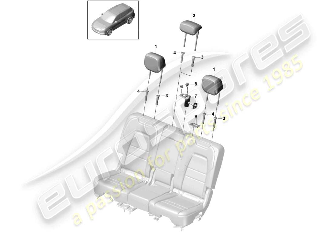 porsche 2024 (cayenne e3 9ya/9yb) head restraint upper fasteners trims seat standard seat comfort seat sports seat part diagram