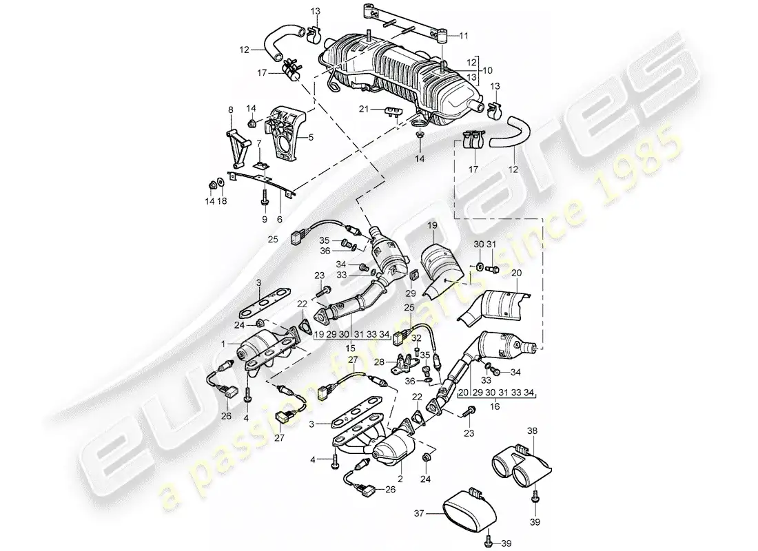 porsche 1998 (986 boxster) exhaust system - m 96.21/22 - m 96.23/24 parts diagram