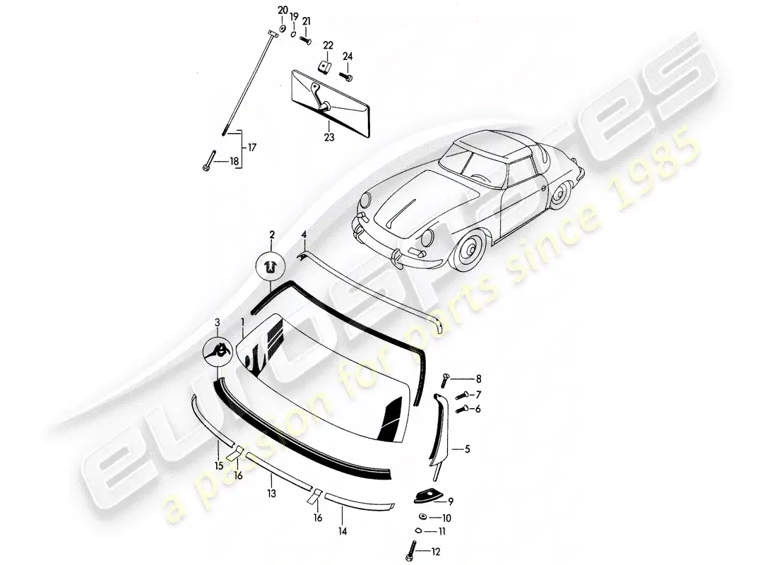 porsche 1962 (356b/356c) window glazing parts diagram