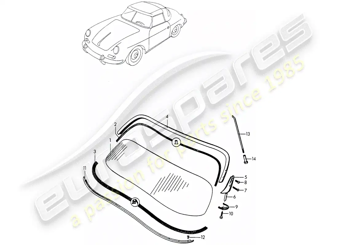 porsche 1954 (356/356a) windshield glass parts diagram