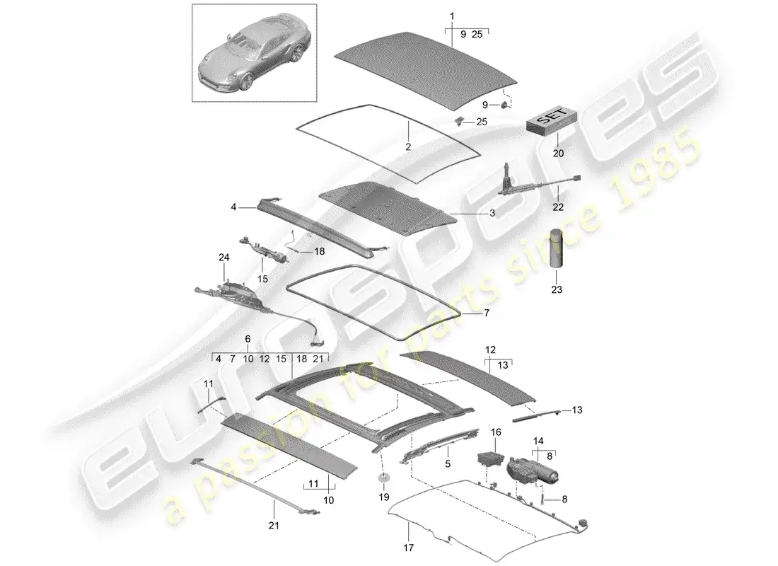 porsche 2016 (991-1 turbo) glass sliding roof parts diagram