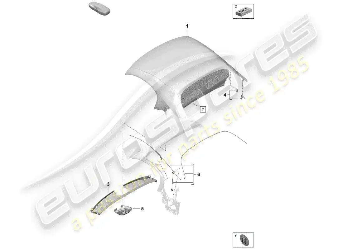 porsche 2019 (718 boxster spyder) convertible top covering parts diagram