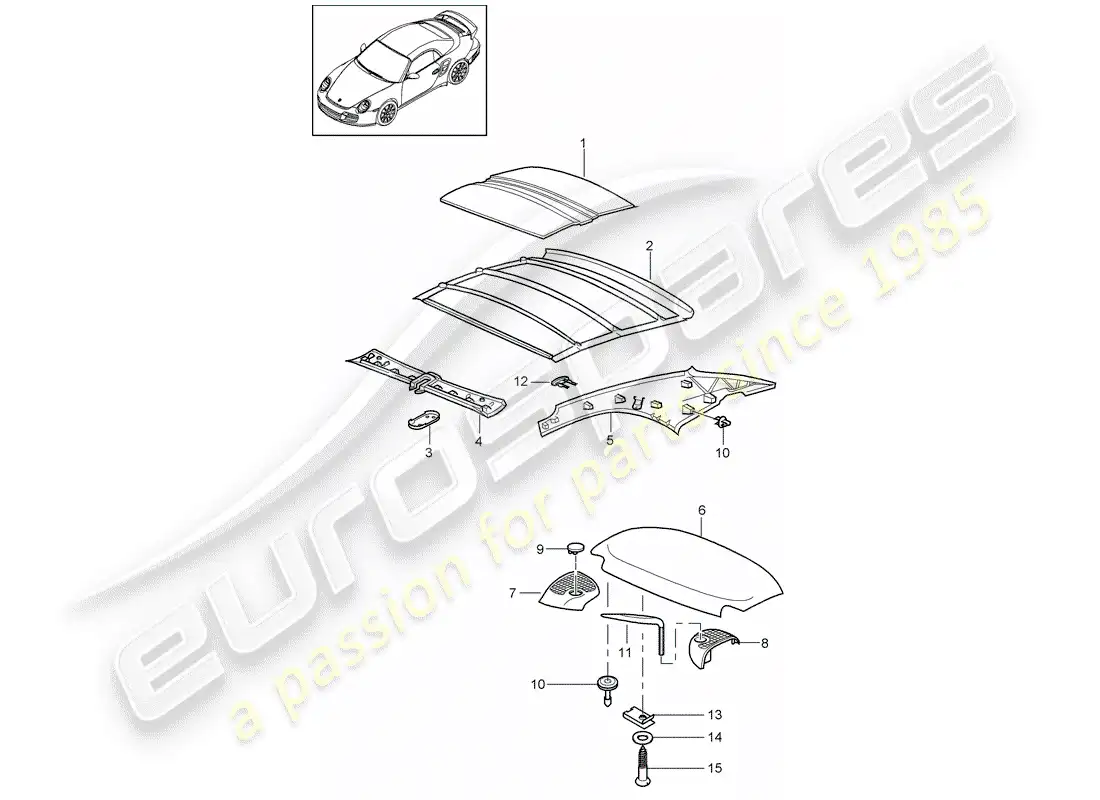 porsche 2011 (997-2 turbo / gt2 rs) hardtop parts diagram