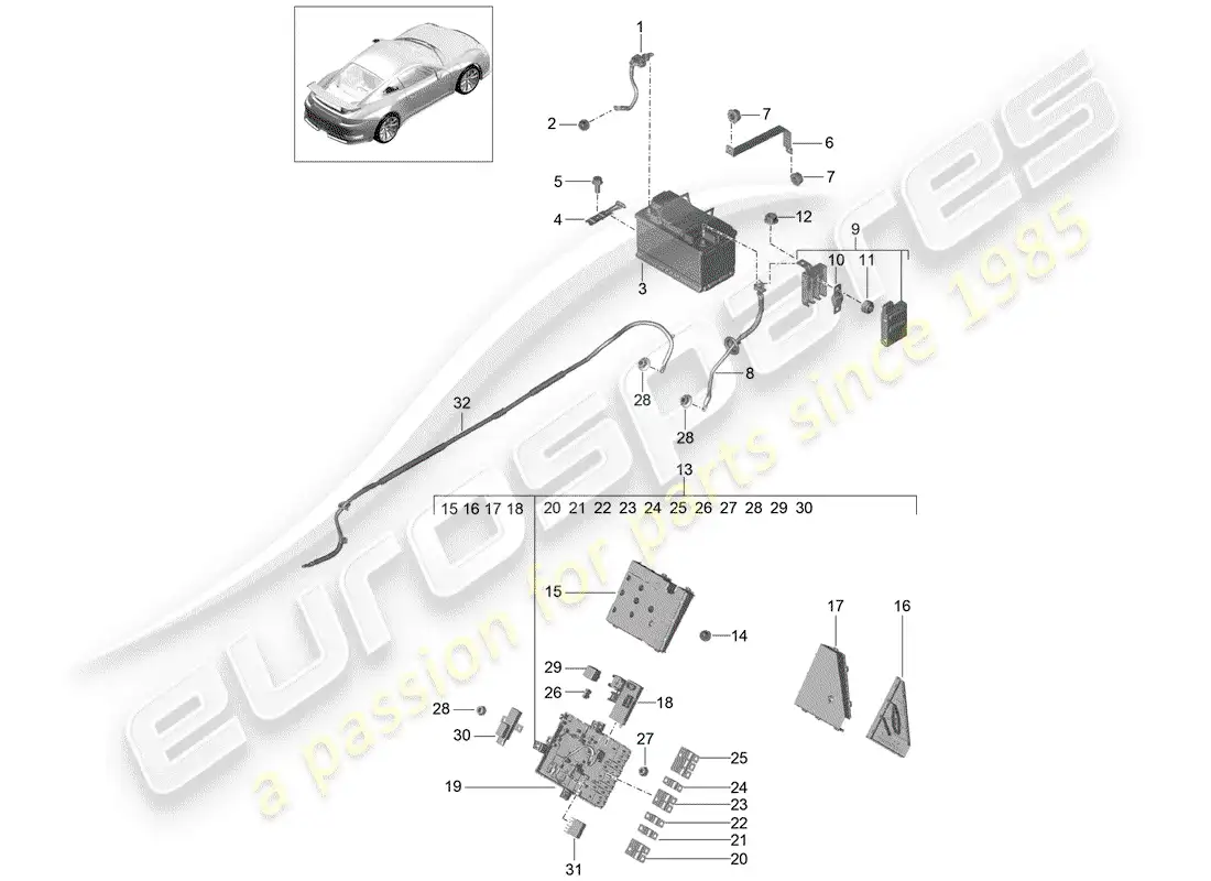 porsche 2015 (991-1 r/gt3/rs) battery parts diagram
