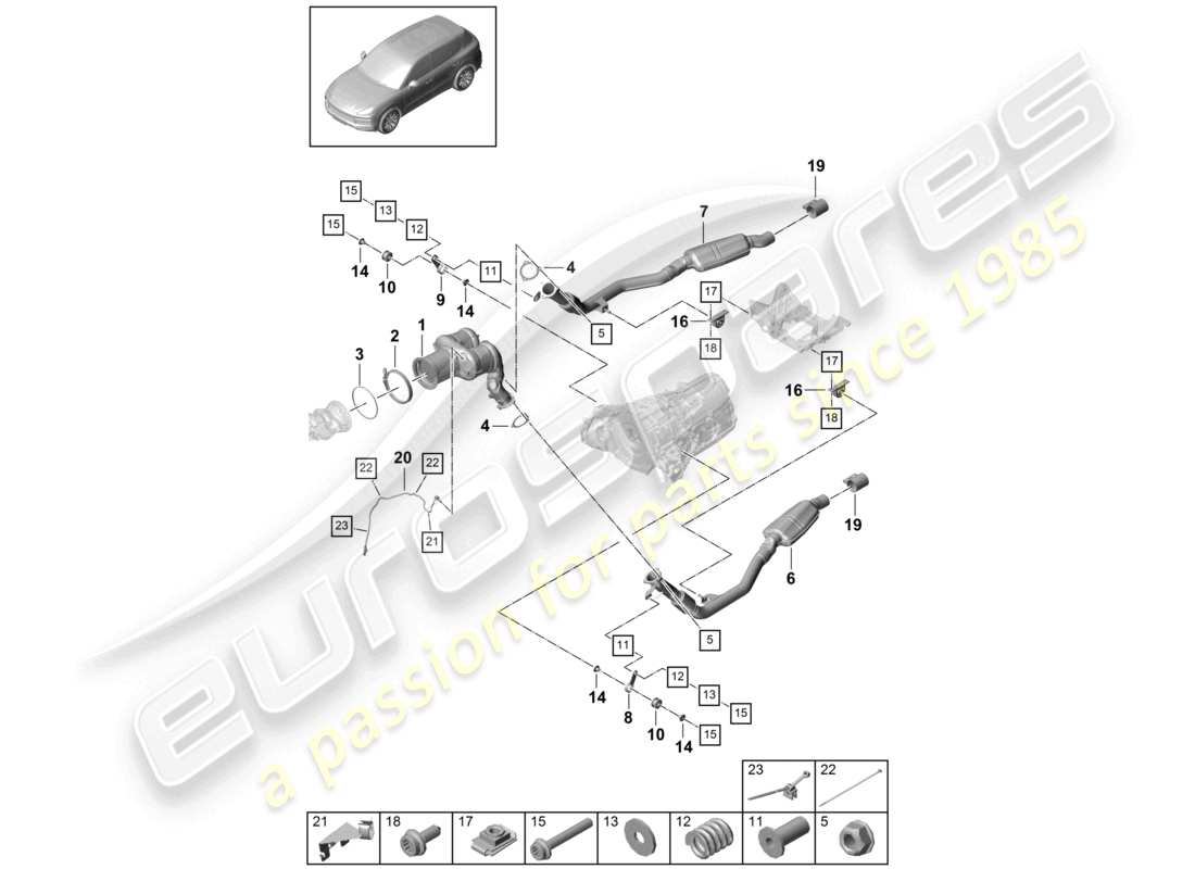 porsche 2023 (cayenne e3 9ya/9yb) exhaust system catalytic converter petrol particulate filter lambda probe part diagram