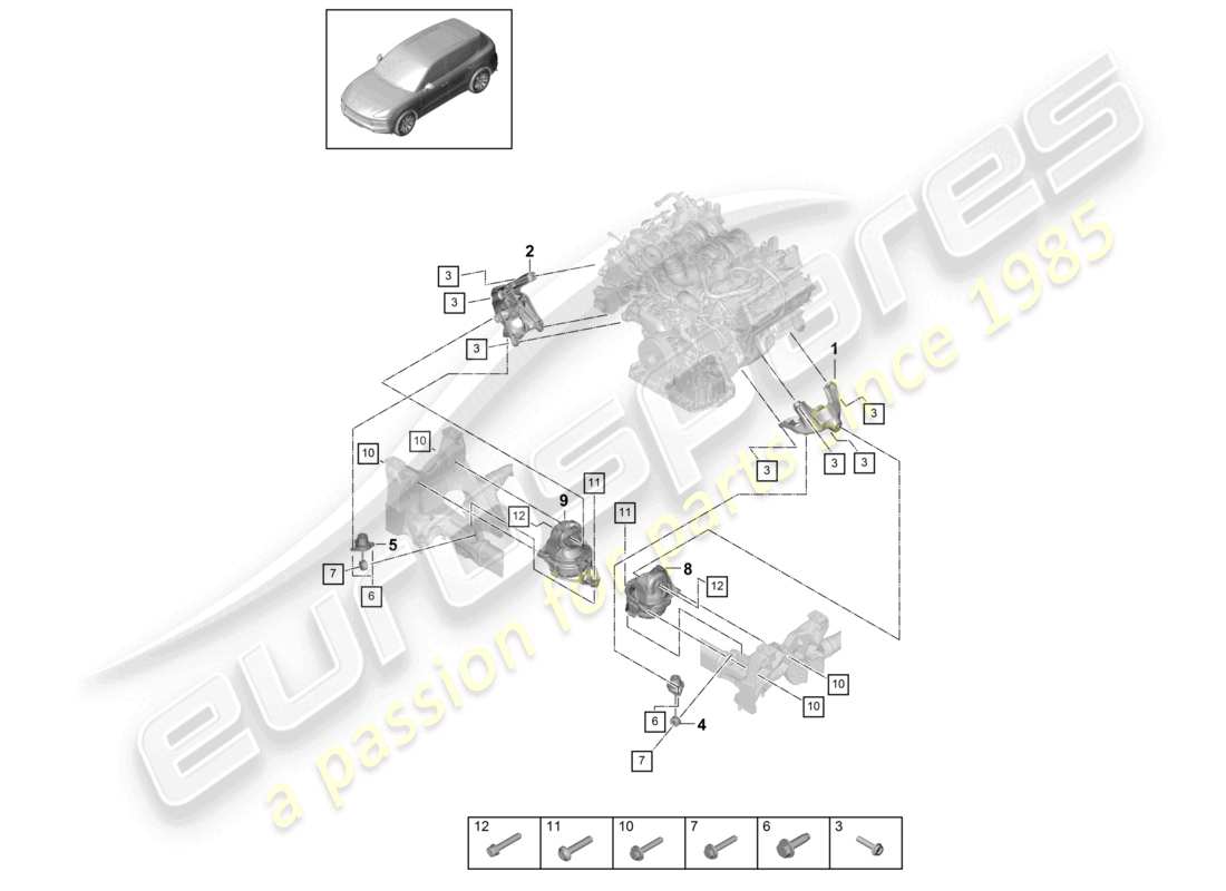 porsche 2024 (cayenne e3 9ya/9yb) engine lifting tackle lower console for engine mounting engine mounting part diagram