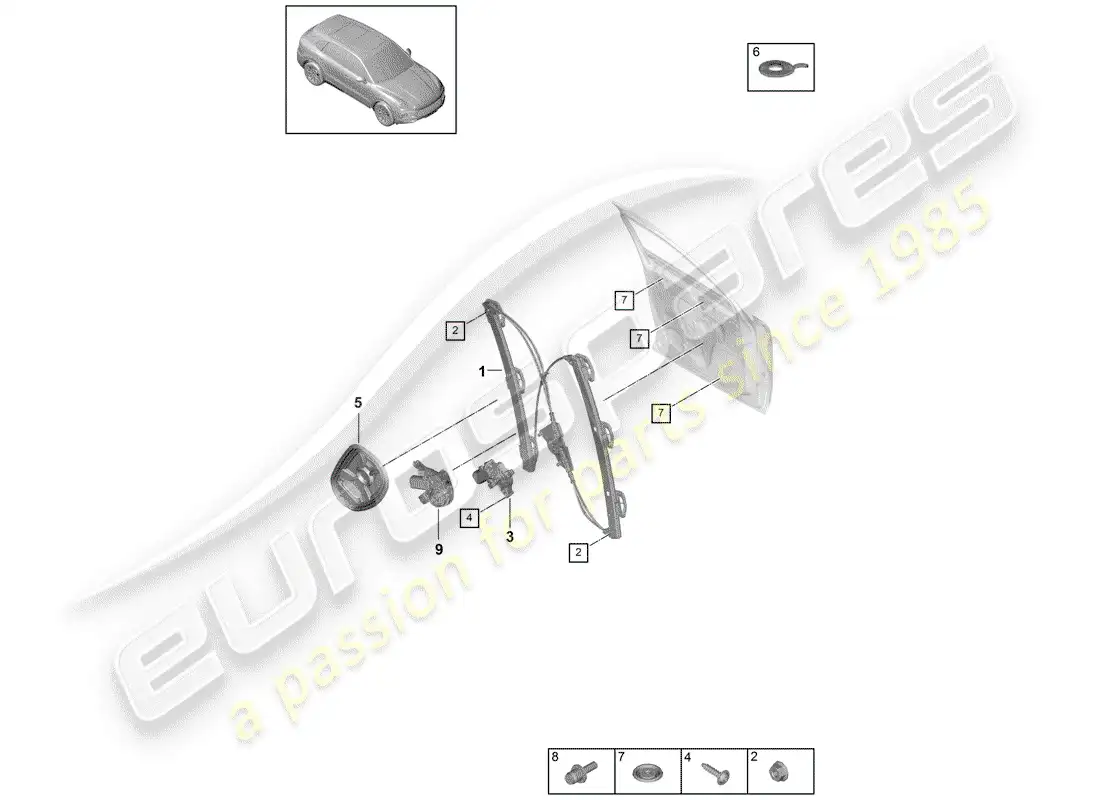 porsche 2020 (cayenne e3 9ya/9yb) window regulator parts diagram