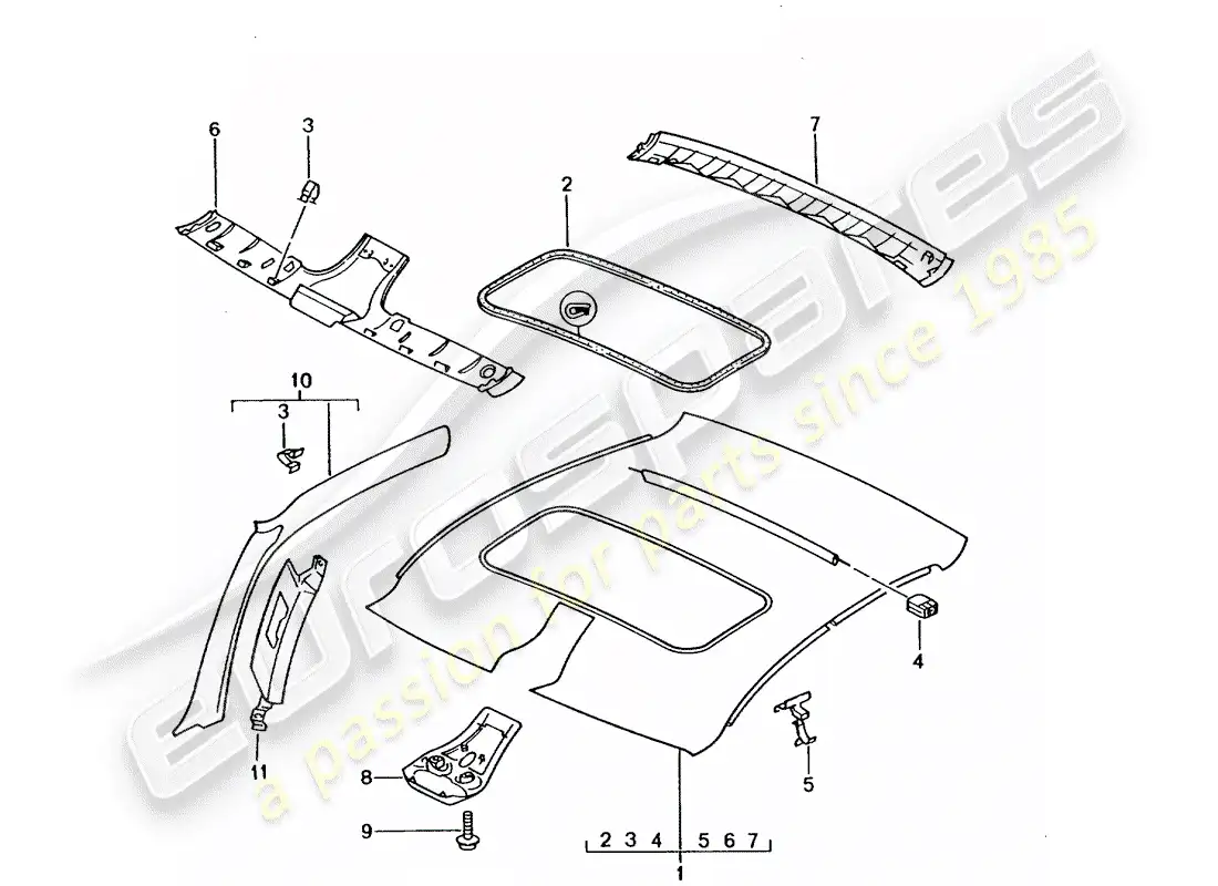 porsche 2000 (996) roof trim panel - a-pillar parts diagram