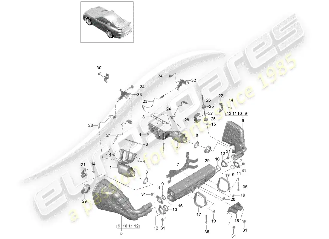 porsche 2016 (991-1 r/gt3/rs) exhaust system parts diagram