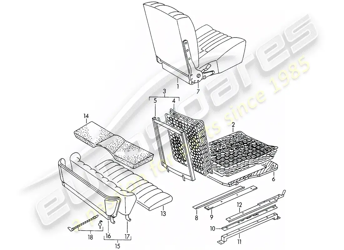 porsche 1954 (356/356a) front seat - and - emergency seat parts diagram