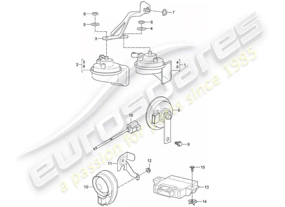 porsche 2008 (997-1 gt3) fanfare horn parts diagram