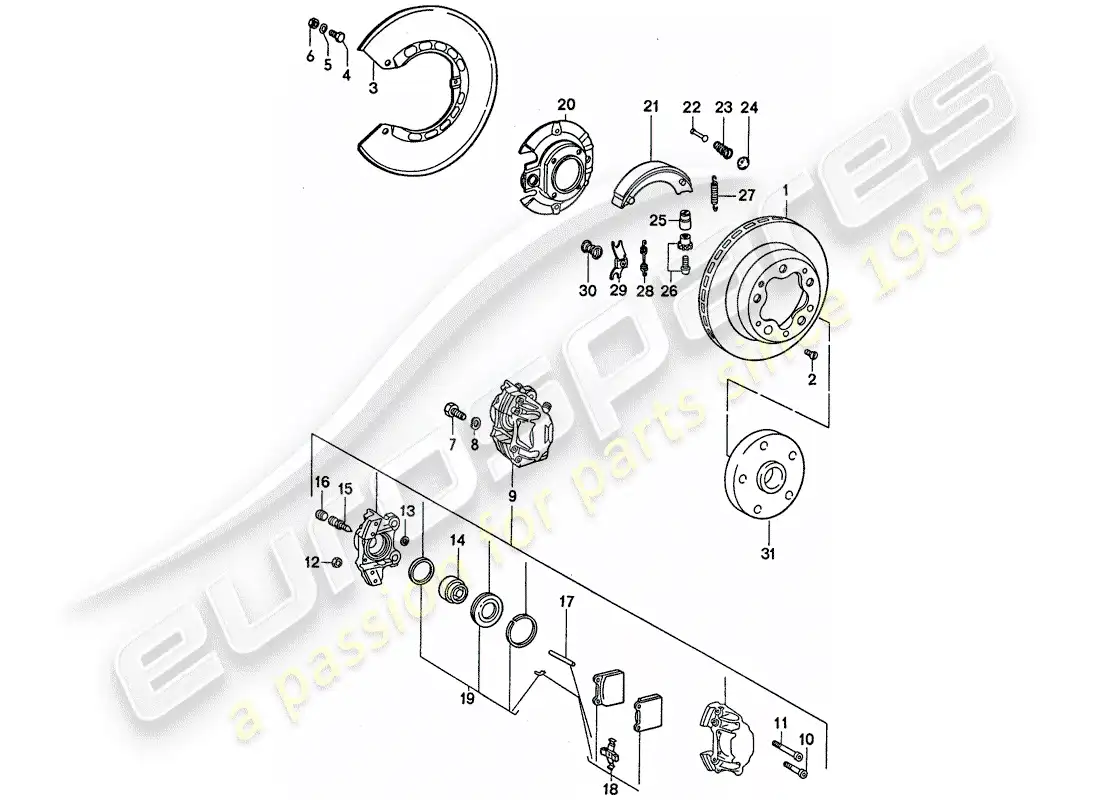 porsche 1974 (911) disc brakes - handbrake parts diagram
