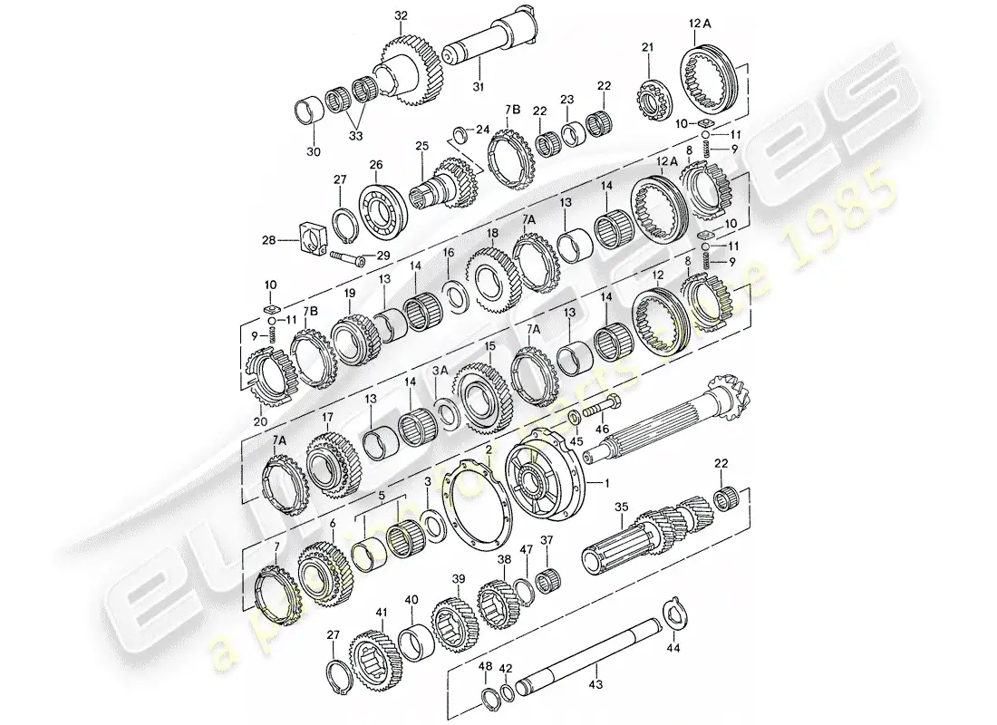 porsche 1991 (928) manual gearbox - gears and shafts parts diagram