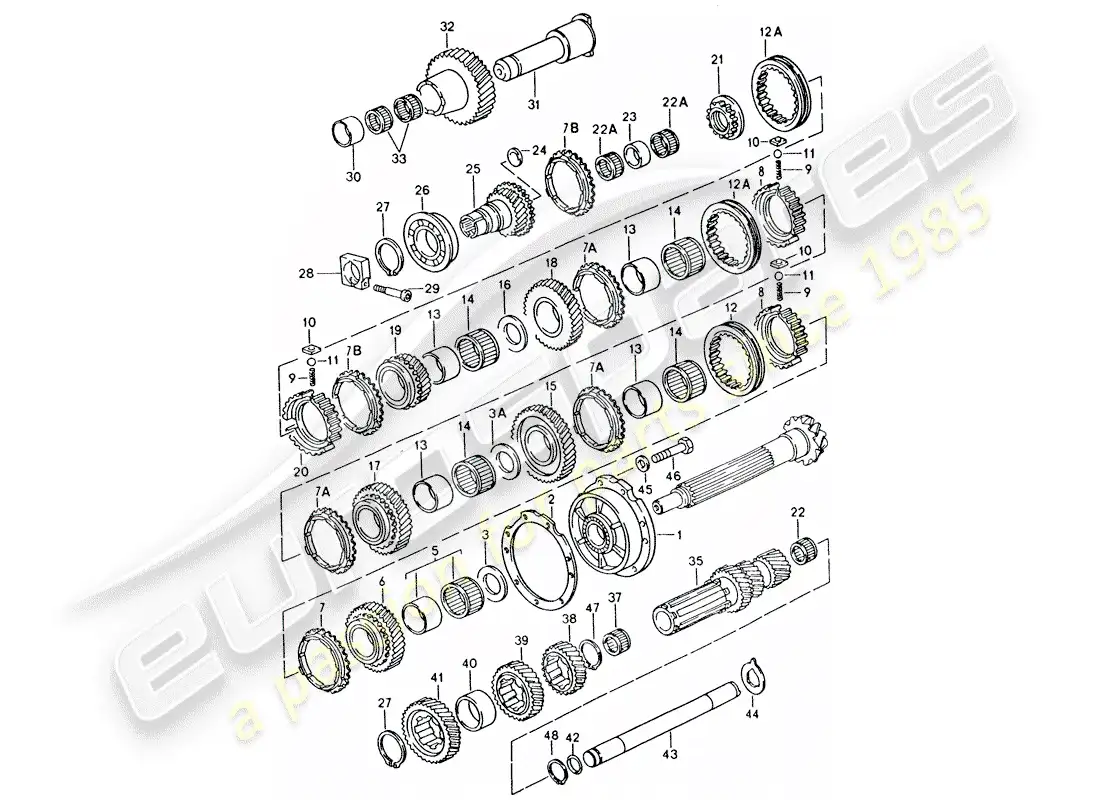 porsche 1993 (928) manual gearbox - gears and shafts parts diagram