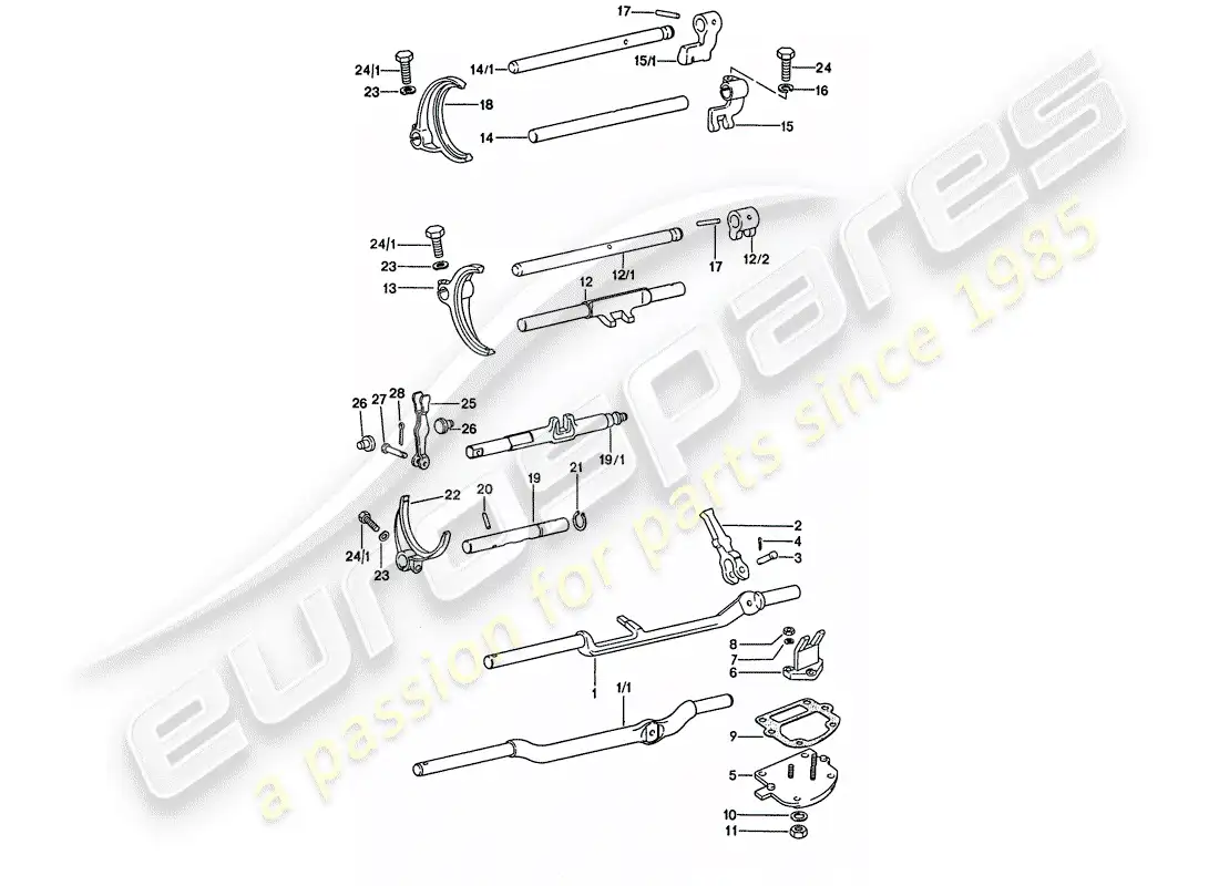 porsche 1977 (911) shift rods - shift forks parts diagram