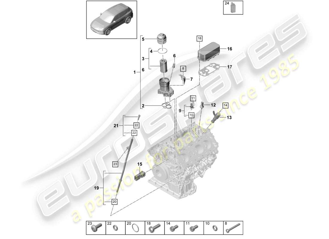 porsche 2023 (cayenne e3 9ya/9yb) oil filter console oil cooler part diagram