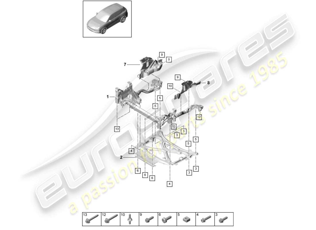 porsche 2022 (cayenne e3 9ya/9yb) support frame suspension sub-frame guard plate part diagram