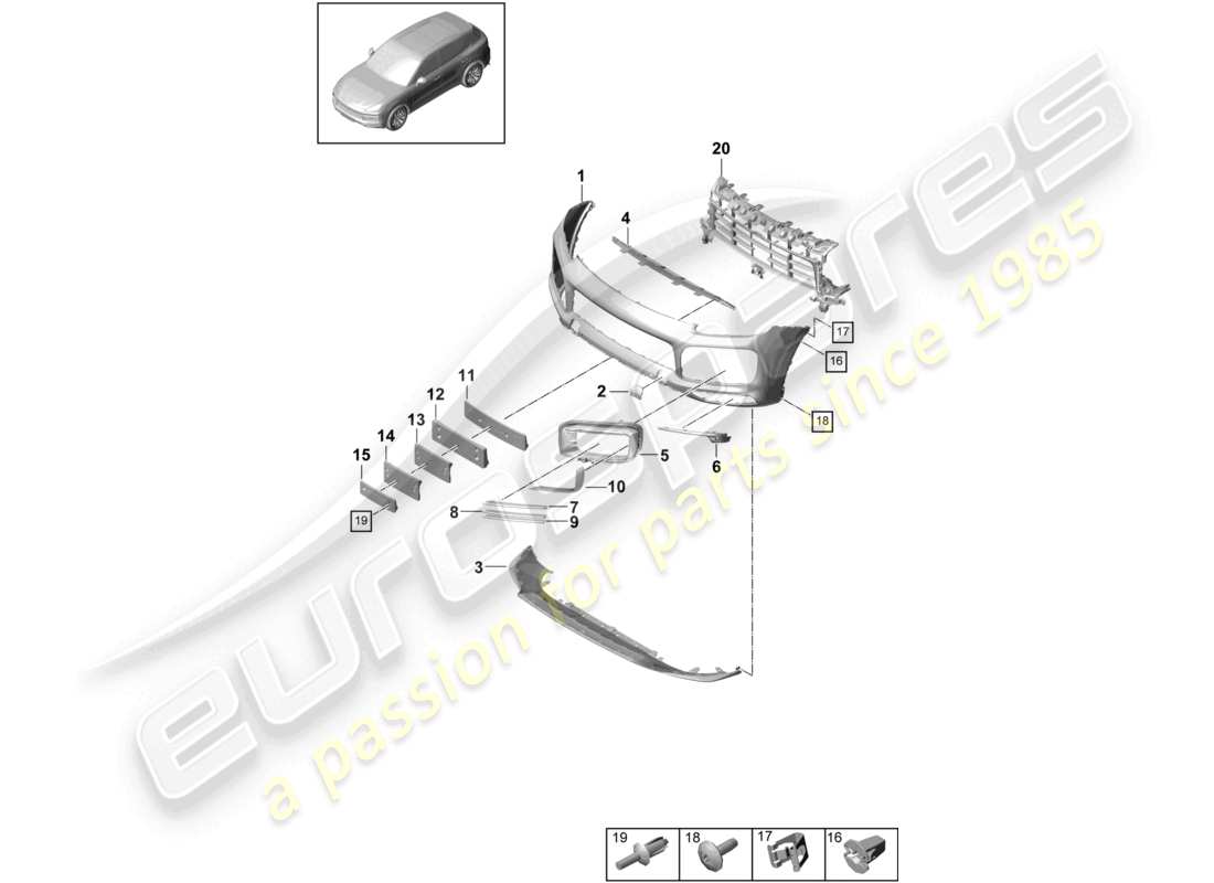 porsche 2023 (cayenne e3 9ya/9yb) bumper front sport design package carbon effect part diagram