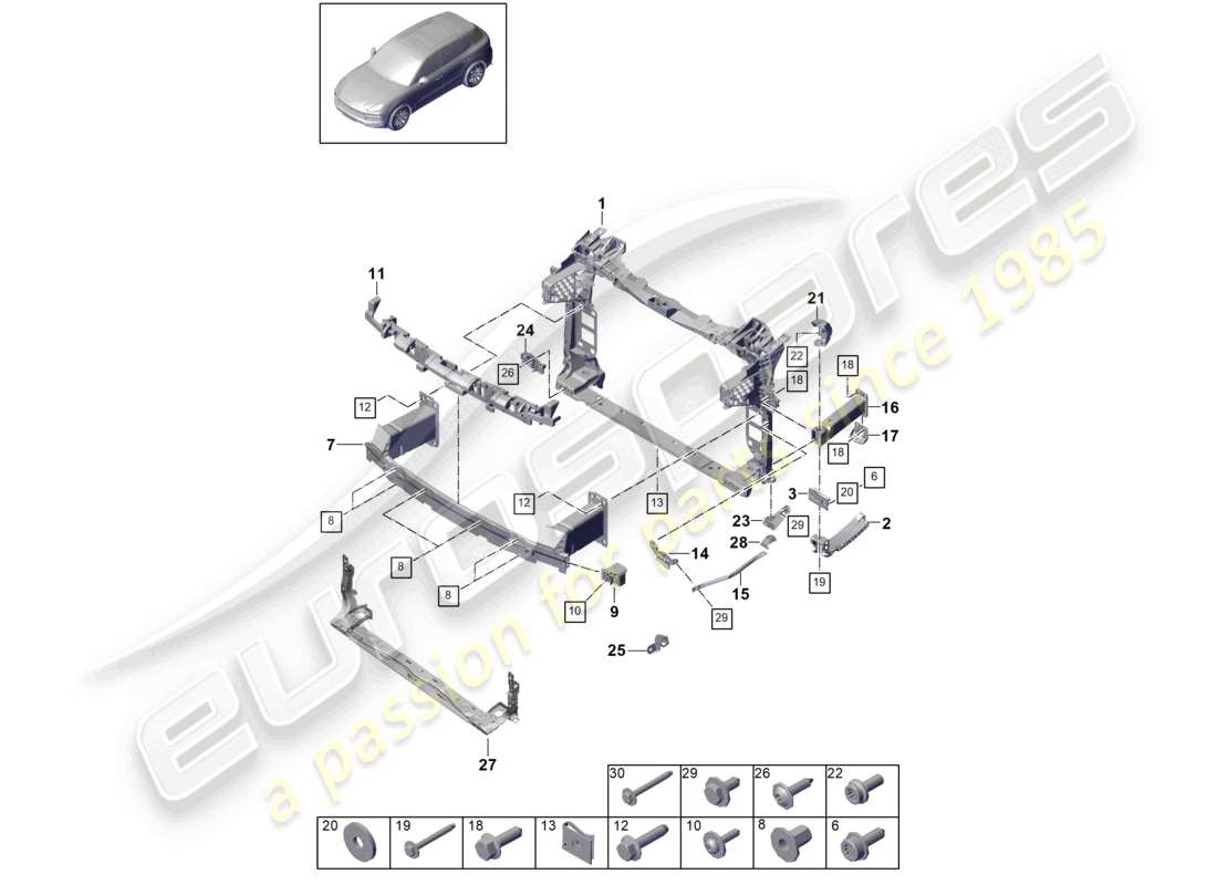 porsche 2024 (cayenne e3 9ya/9yb) bumper front and mounting bracket part diagram