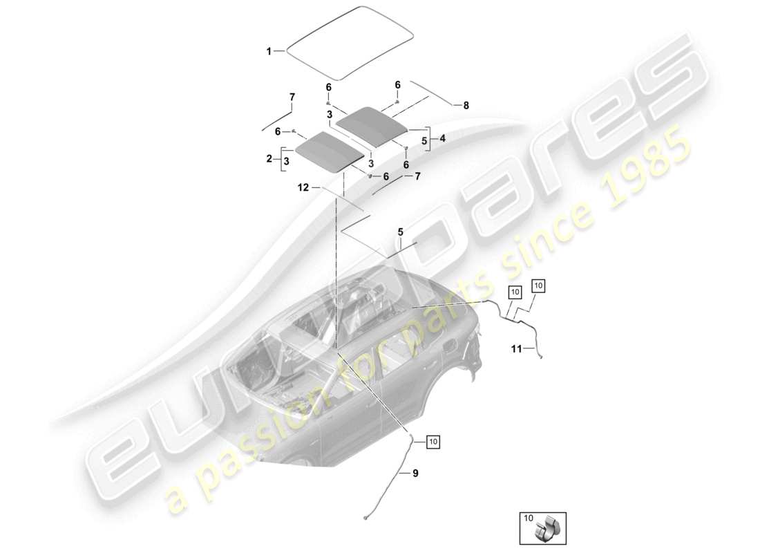 porsche 2021 (cayenne e3 9ya/9yb) glass roof accessories cover water drainage hose part diagram