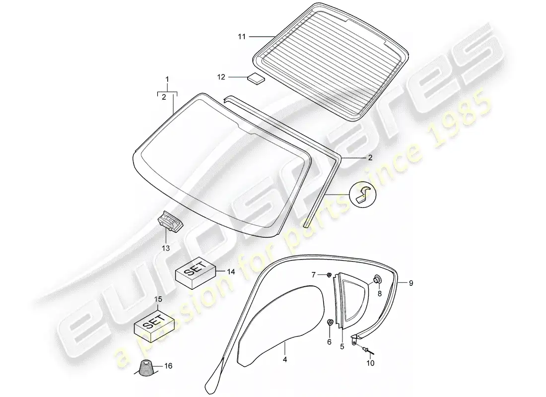 porsche 2008 (987 cayman) window glazing parts diagram