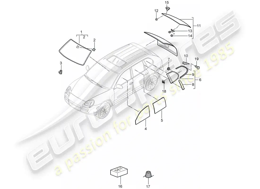 porsche 2009 (cayenne e1 9pa) window glazing part diagram