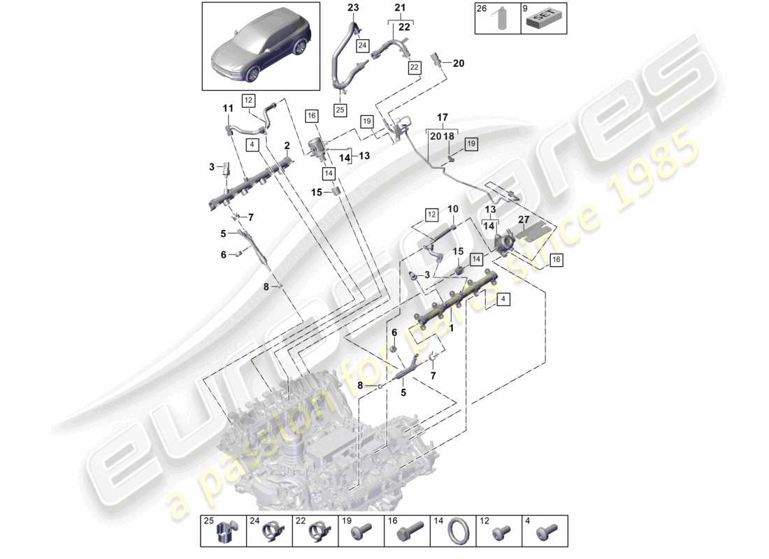 porsche 2021 (cayenne e3 9ya/9yb) fuel collection pipe high-pressure injector high pressure pump part diagram