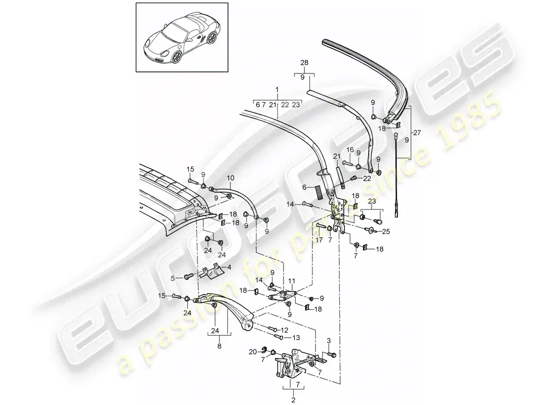 porsche 2012 (987 boxster) top frame parts diagram