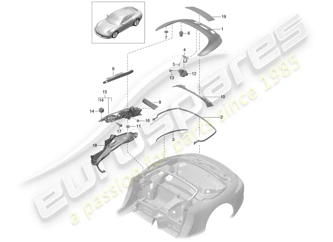 porsche 2018 (991-2) top stowage box parts diagram
