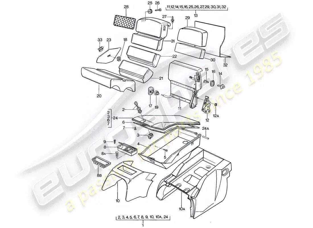 porsche 1982 (928) emergency seat - with: - stowage box parts diagram