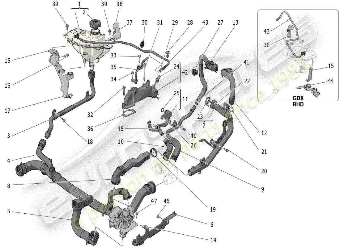 maserati grecale modena (2023) cooling system: nourice and lines parts diagram