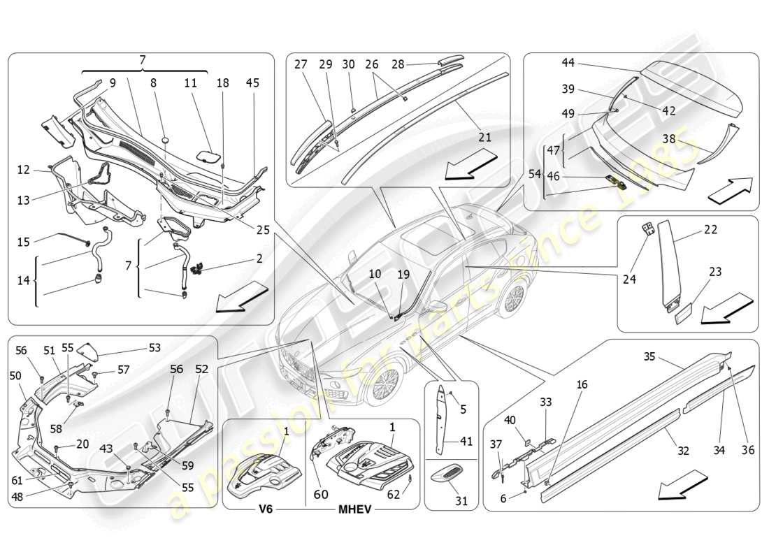 maserati levante modena (2022) shields, trims and covering panels part diagram