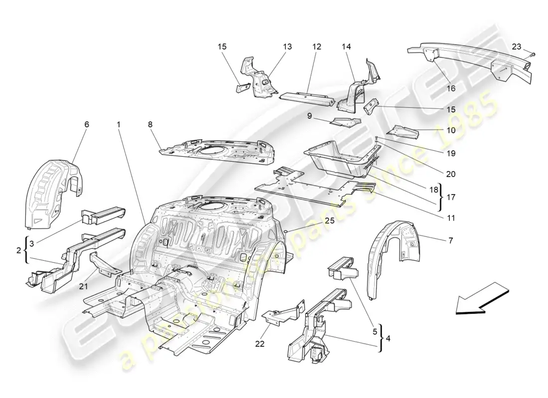maserati granturismo (2010) rear structural frames and sheet panels parts diagram