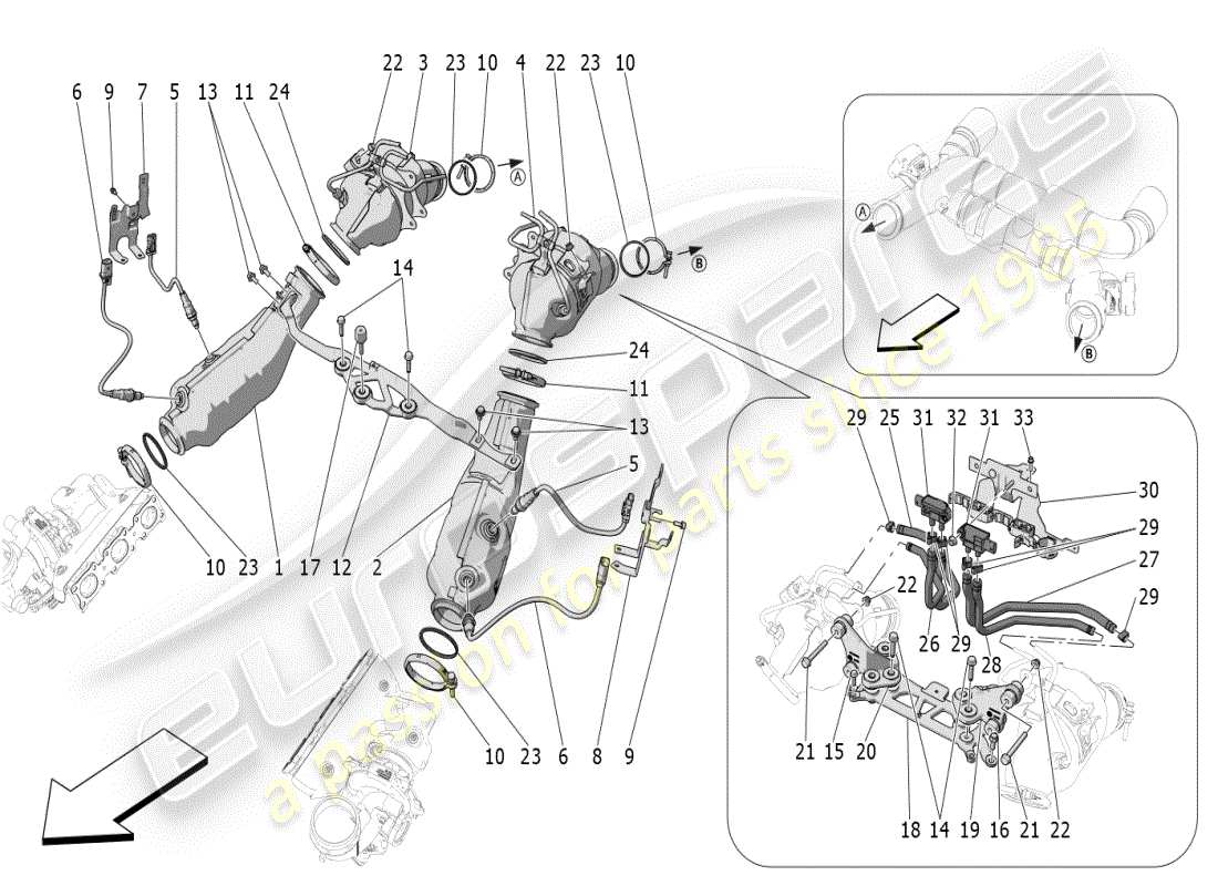 maserati mc20 (2024) pre-catalytic converters and catalytic converters parts diagram