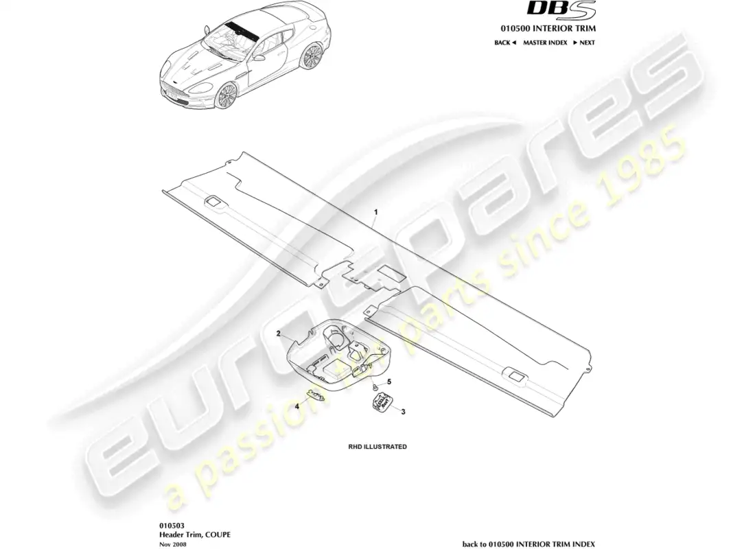 aston martin dbs (2010) header trim, coupe parts diagram