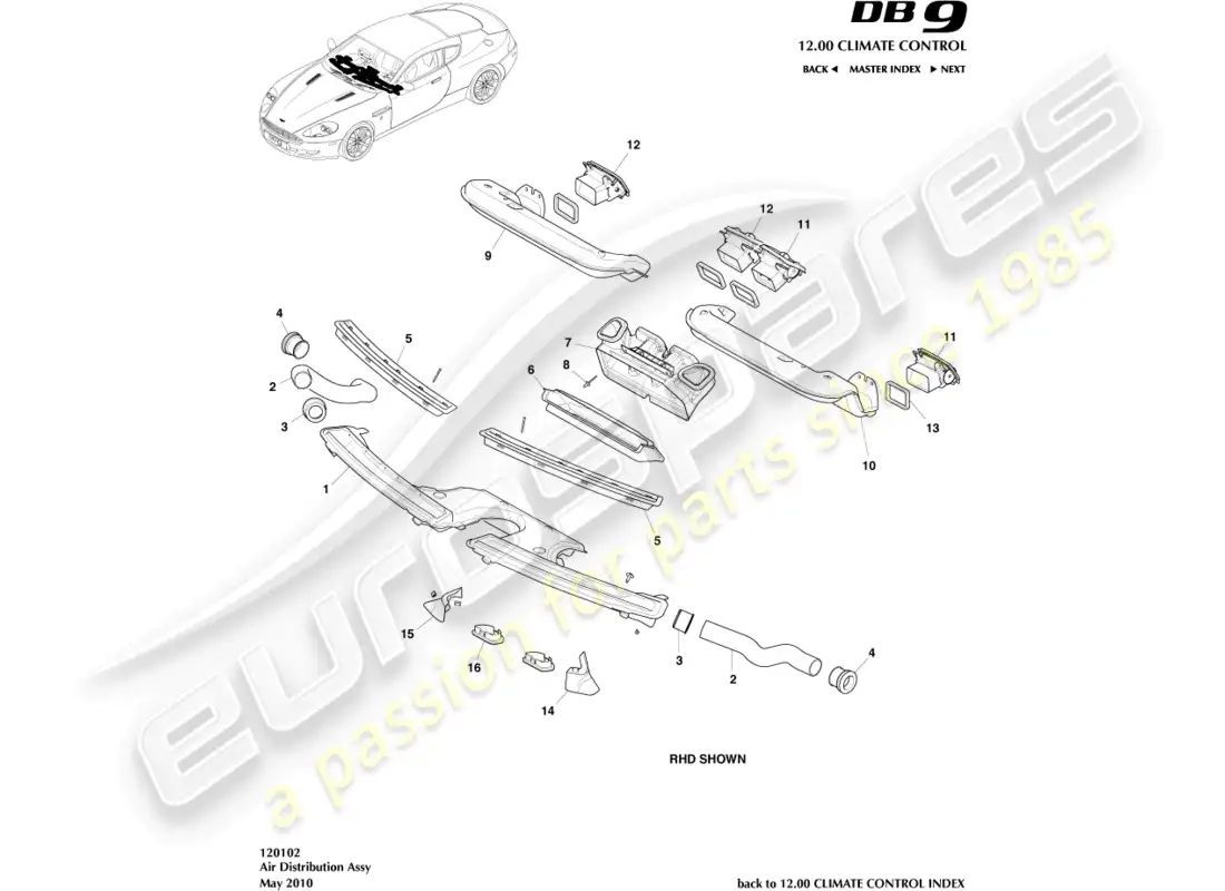 aston martin db9 (2004) air distribution components parts diagram